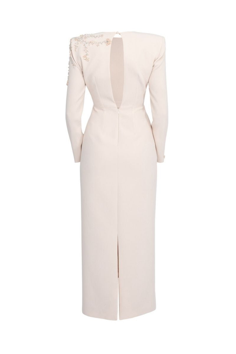 NUDE PADDED SHOULDERS MAXI DRESS - CULT MIA