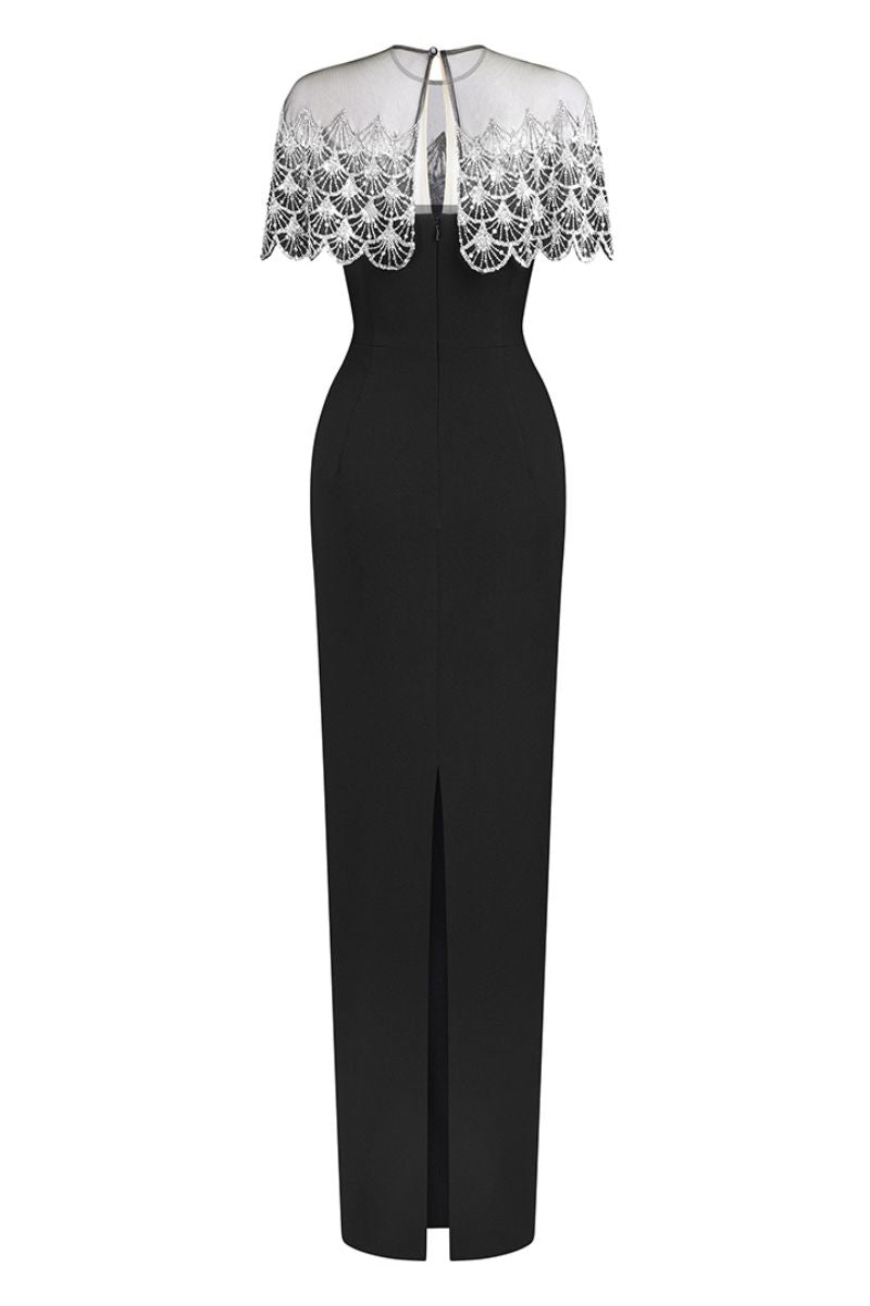 KRISTOFF BLACK BATEAU NECK GOWN WITH BEADED MINI CAPE - CULT MIA