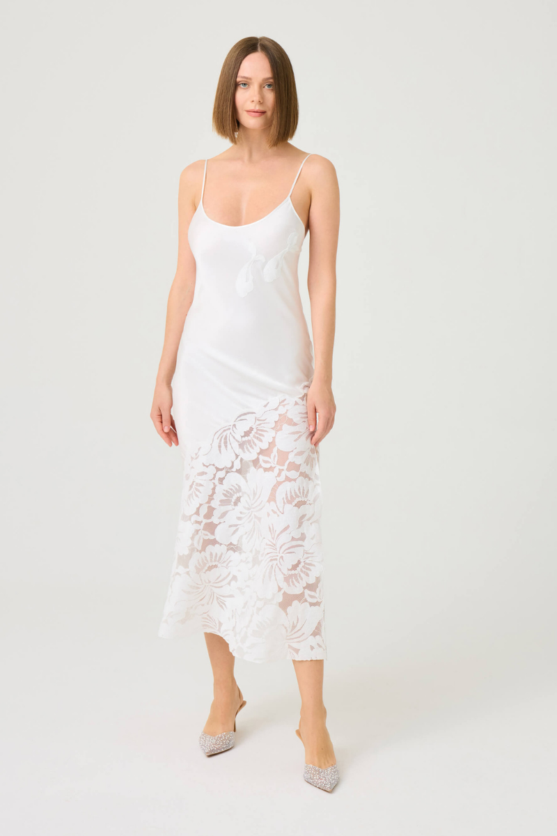 Bocan Couture Elia long rayon nightgown with off-white lace trim, flowing and elegant sleepwear for women.