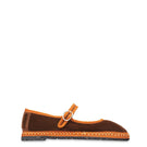 Flabelus Frida Mary Jane velvet flats in brown with light brown piping, featuring a classic Mary Jane strap design.