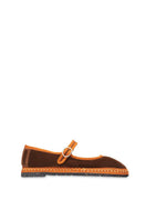 Flabelus Frida Mary Jane velvet flats in brown with light brown piping, featuring a classic Mary Jane strap design.