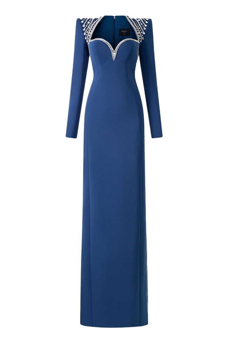 DARK BLUE LONG SLEEVE CHEST CUP STRAIGHT GOWN - CULT MIA