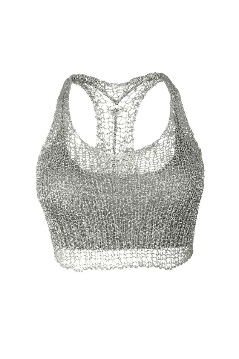 Silver Midas Racerback top with built-in bralette by Natalia Fedner, featuring a sleek, metallic finish and modern design.