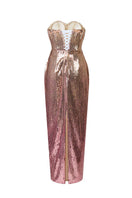 HACCHIC COUTURE sequin gown in rose with intricate embellishments and flowing fabric, perfect for formal events.