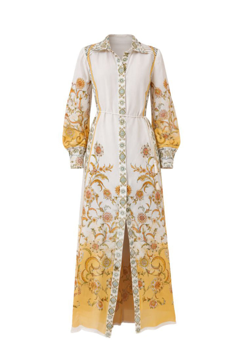 Yellow Briar midi dress by Raishma featuring a fitted bodice and flowing skirt, displayed on a mannequin.