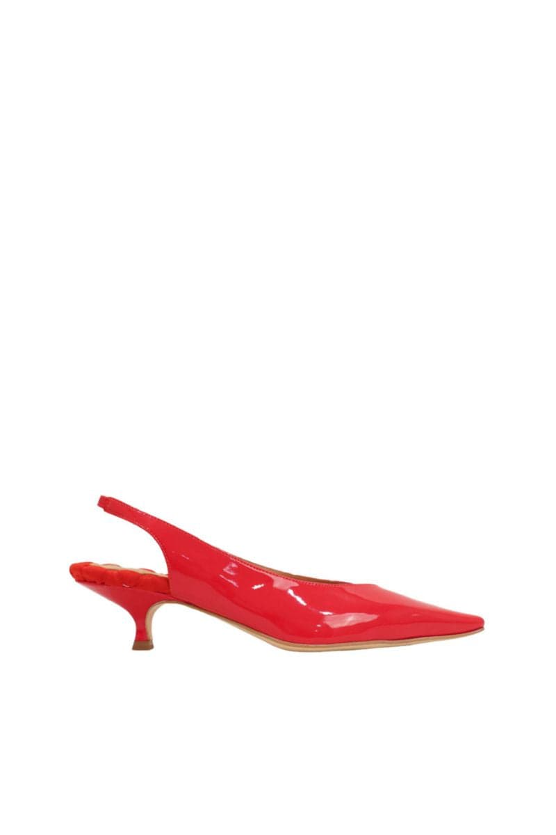 A pair of AERA Silvana red patent-effect slingback pumps with pointed heels and elegant design on a neutral background.