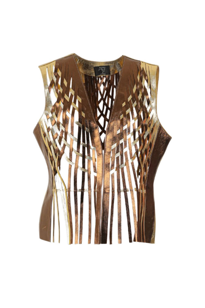 Double A Attalea leather vest in copper, showcasing a stylish sleeveless vest with a smooth leather finish and classic design.