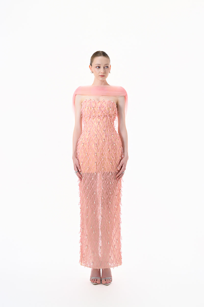 Peach beaded sheer overlay gown by Happy Clothing, featuring delicate beaded detailing and flowing fabric for elegant evening wear.