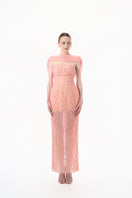 Peach beaded sheer overlay gown by Happy Clothing, featuring delicate beaded detailing and flowing fabric for elegant evening wear.
