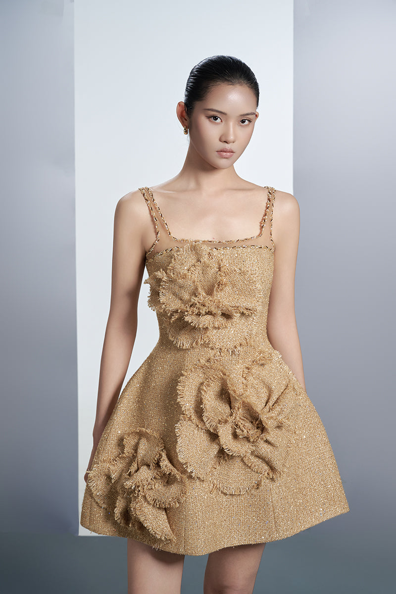 FLORAL TWEED MINI DRESS IN BEIGE - CULT MIA