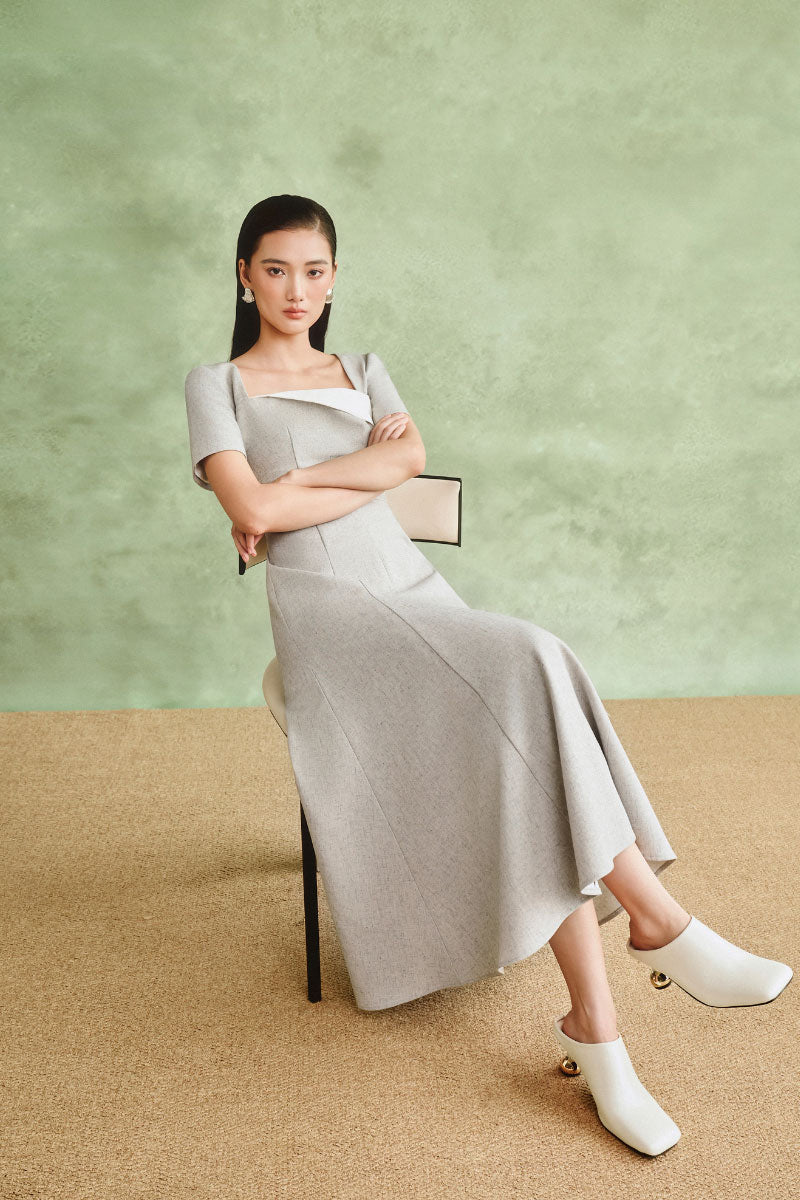 White Plan minimalist square-neck midi dress featuring a sleek, fitted silhouette and midi length, perfect for casual or elegant occasions.