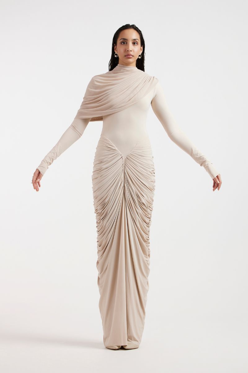 ELORA BEIGE DRAPED GOWN - CULT MIA