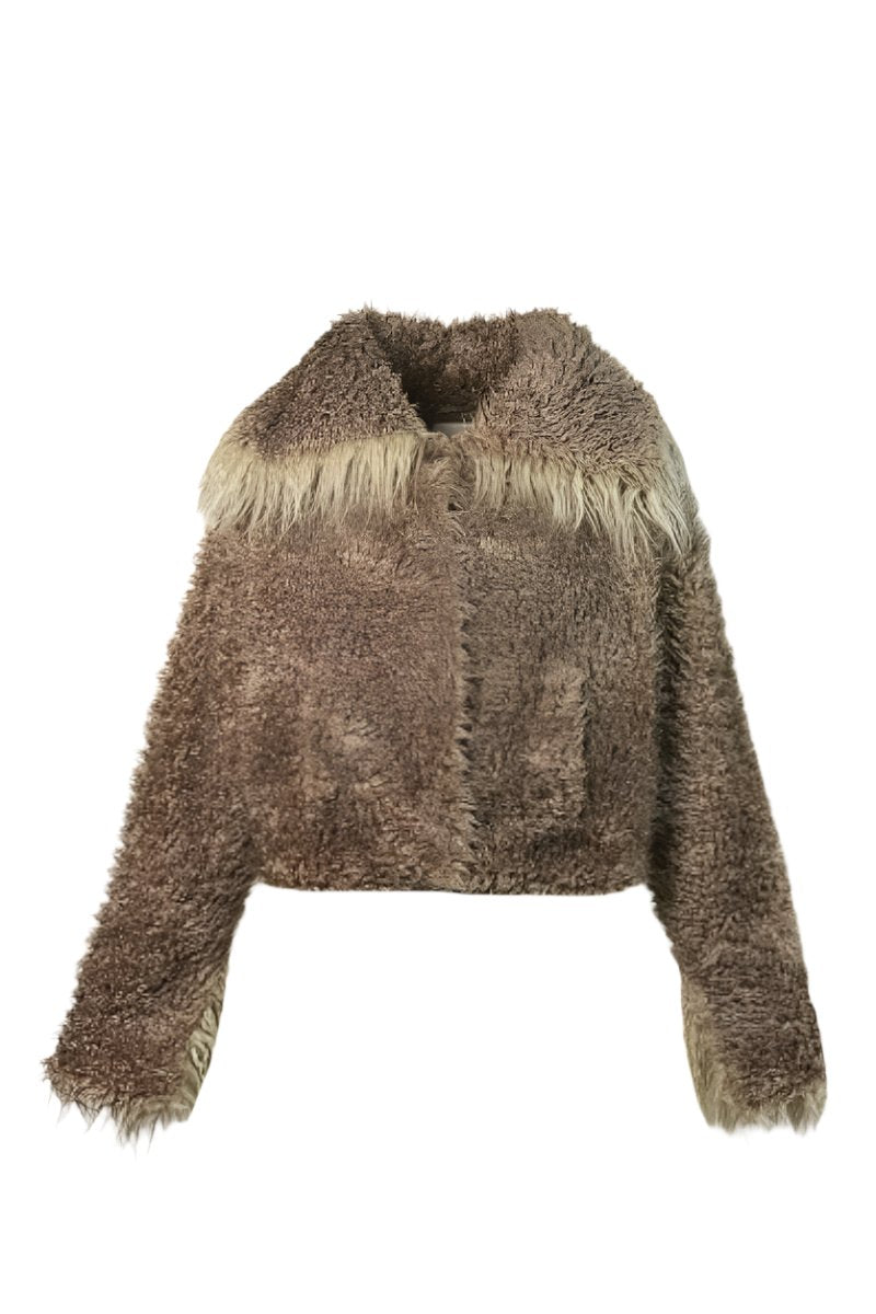 CROPPED FAUX FUR JACKET WITH TURN-UP CUFFS IN BEIGE - CULT MIA