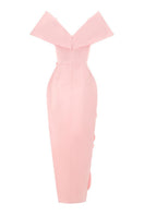 Pink CULT MIA X HAPPY CLOTHING Glenn flower appliqué taffeta maxi dress displayed on a mannequin, featuring floral details and elegant fabric.