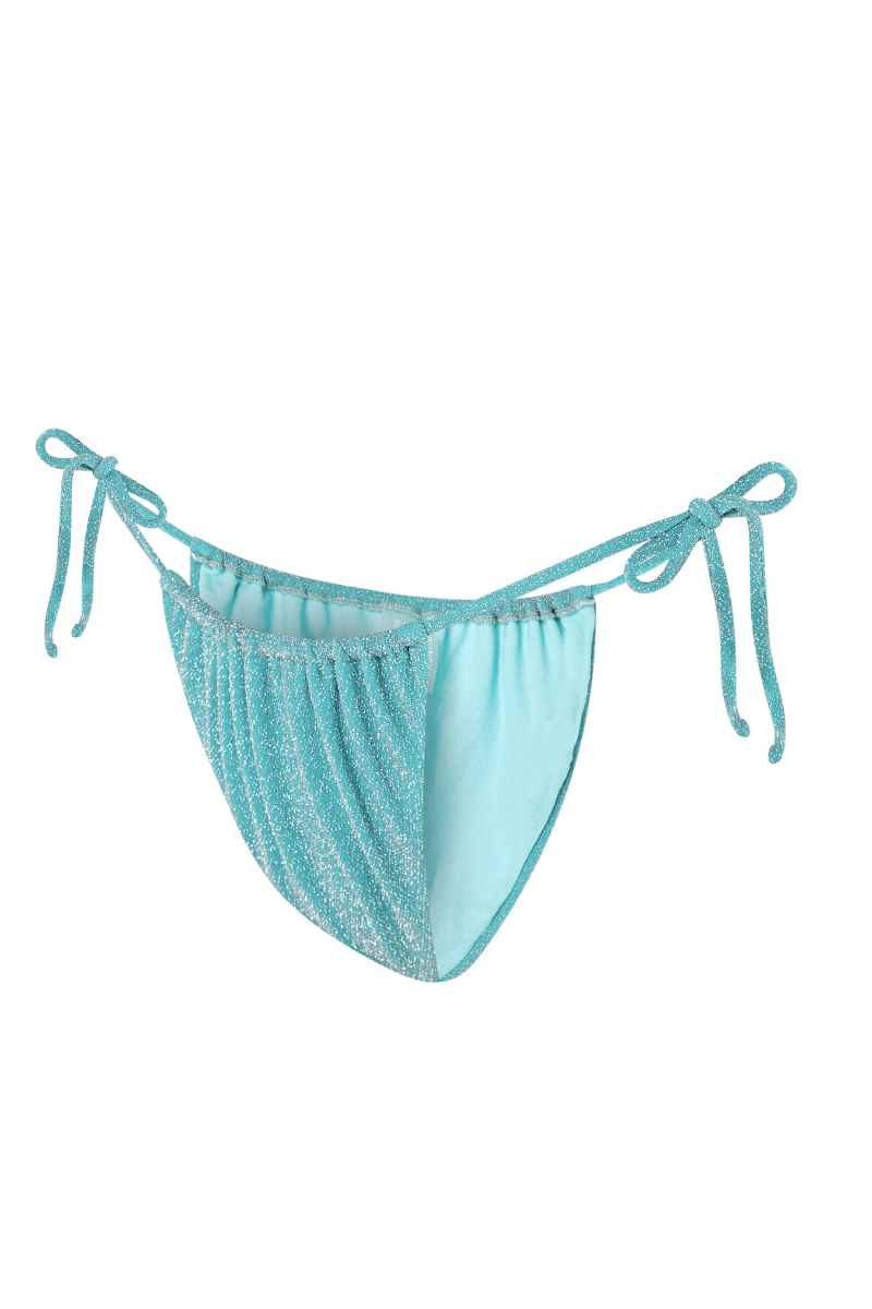 Suncillo Virna sparkly turquoise bikini bottom with shimmering fabric and fitted style, front view.