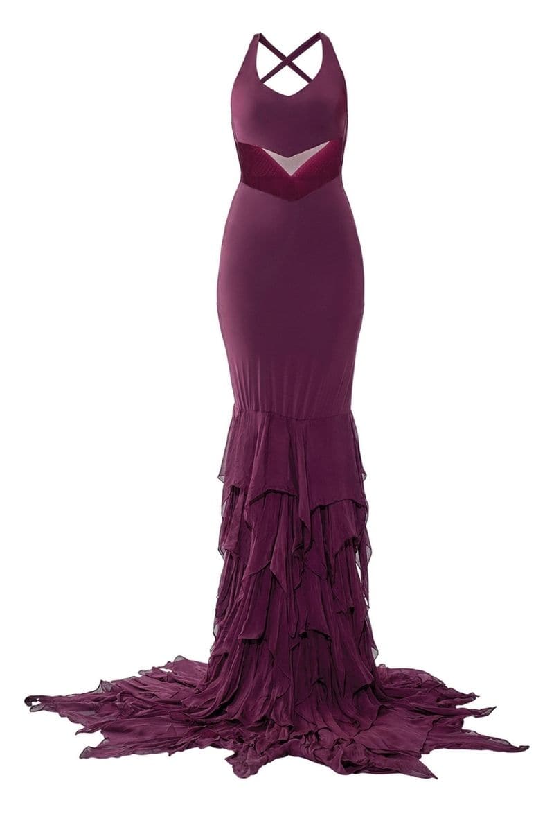CAREN WINE RUFFLE MERMAID GOWN - CULT MIA