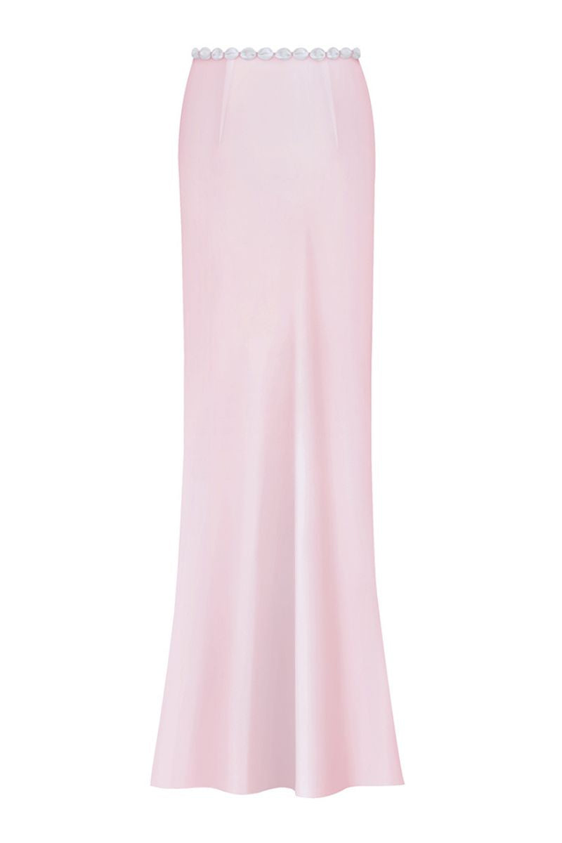 Light pink Stolen Stores maxi skirt with flowing fabric and waist tie, shown on a model in a full-length view.
