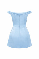 Light blue Yvaine silk taffeta mini dress by 21Six, featuring a fitted silhouette and elegant design for special occasions.