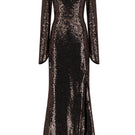 Lili Blanc brown sequined gown with shimmering sequin details, elegant long sleeves, and flowing fabric for formal occasions.