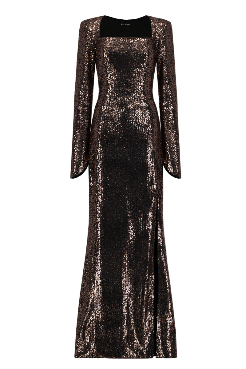 Lili Blanc brown sequined gown with shimmering sequin details, elegant long sleeves, and flowing fabric for formal occasions.