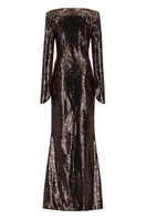 Lili Blanc brown sequined gown with shimmering embellishments, elegant design, and flowing fabric perfect for formal occasions.