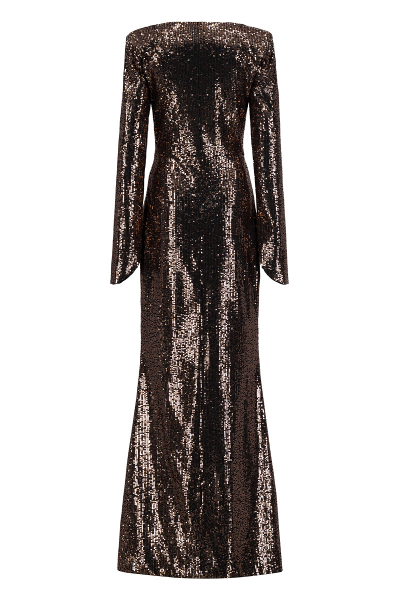 Lili Blanc brown sequined gown with shimmering embellishments, elegant design, and flowing fabric perfect for formal occasions.