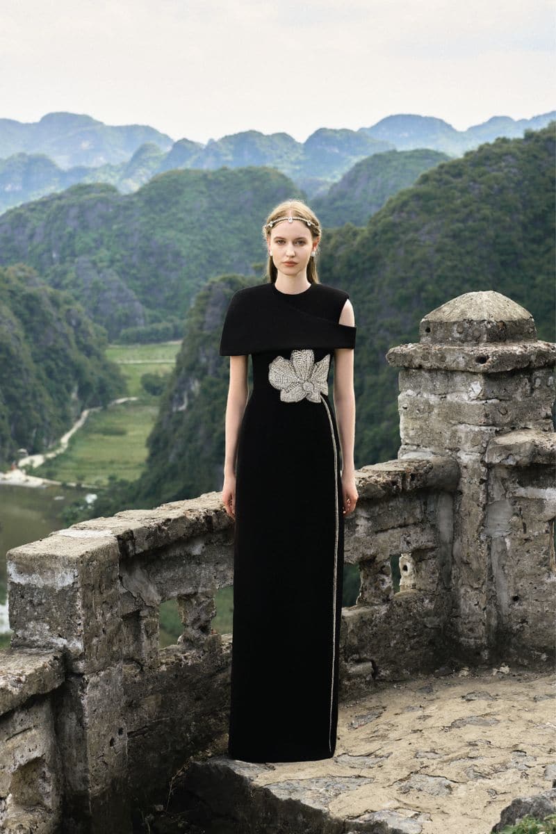 BLACK STONE ORCHID ASYMMETRIC SHOULDER GOWN AND CAPE - CULT MIA
