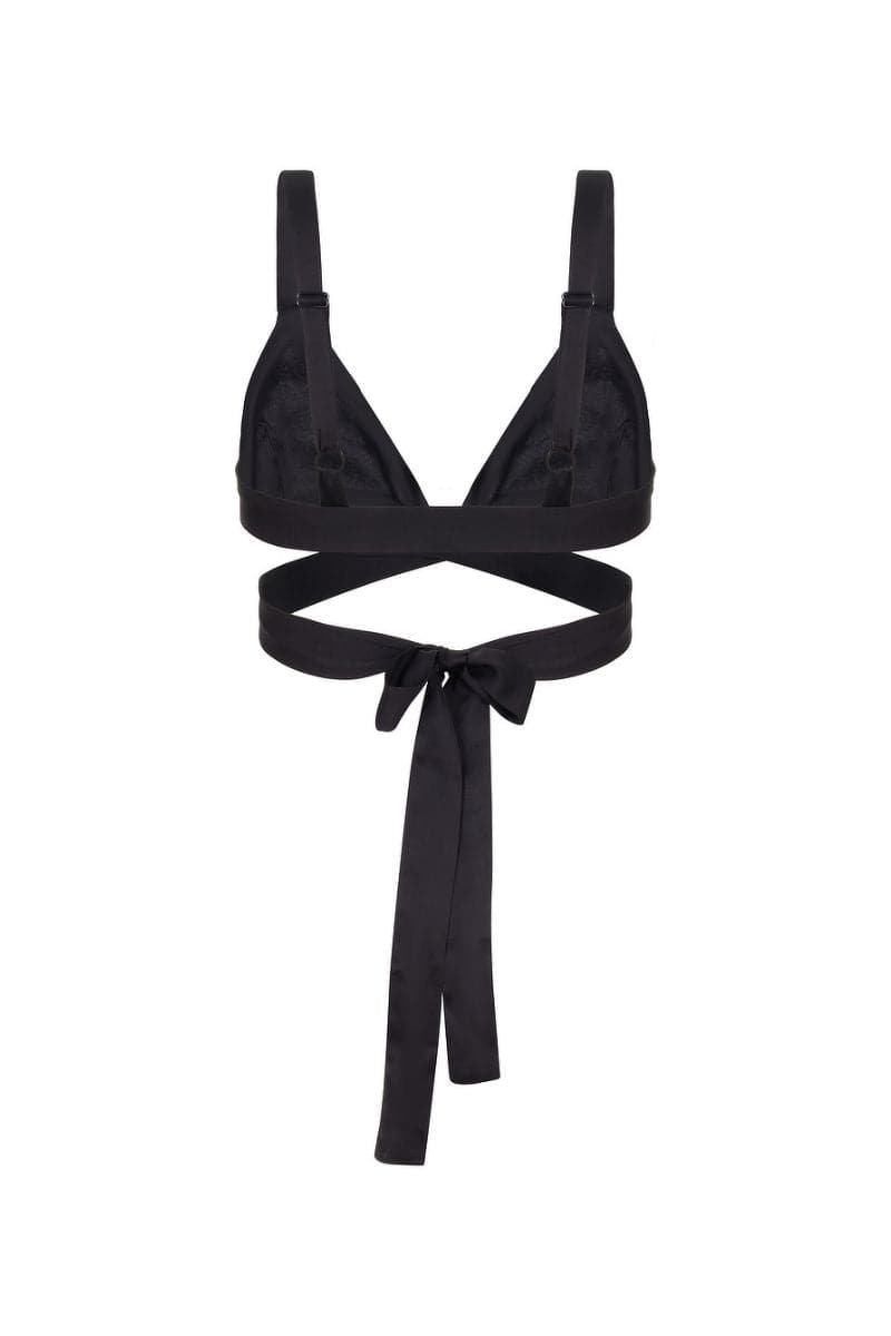 Mirel Prentice sequin wrap bra top with shimmering fabric and adjustable tie front, stylish and glamorous for evening wear.