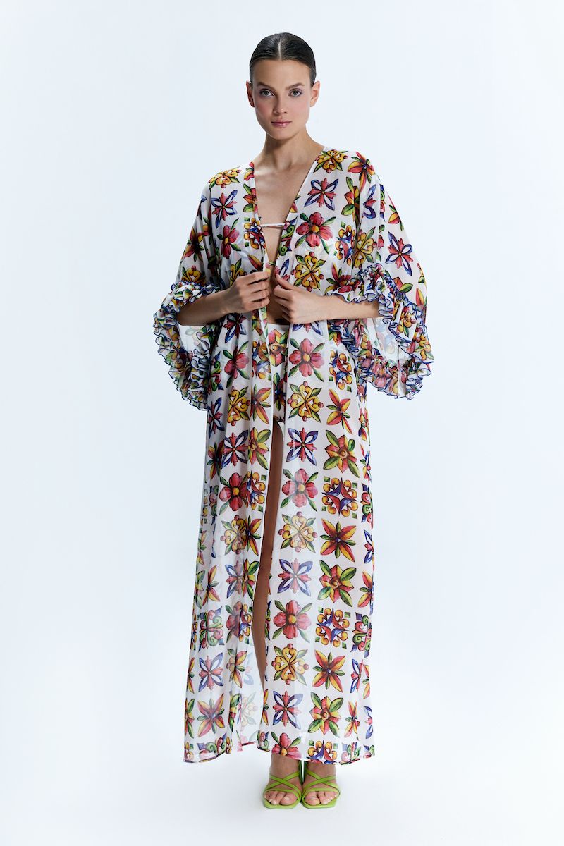 Nur Karaata JOALI Sicilia pareo dress, lightweight cover-up with floral pattern, perfect for beach or poolside wear.