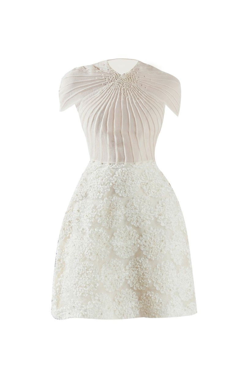 MELINA BEIGE A-LINE ORGANZA MINI DRESS - CULT MIA