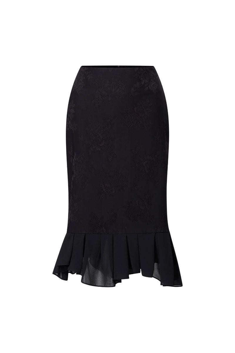 Black Lecia trumpet midi skirt with fitted waist and flared hem, perfect for stylish everyday wear.