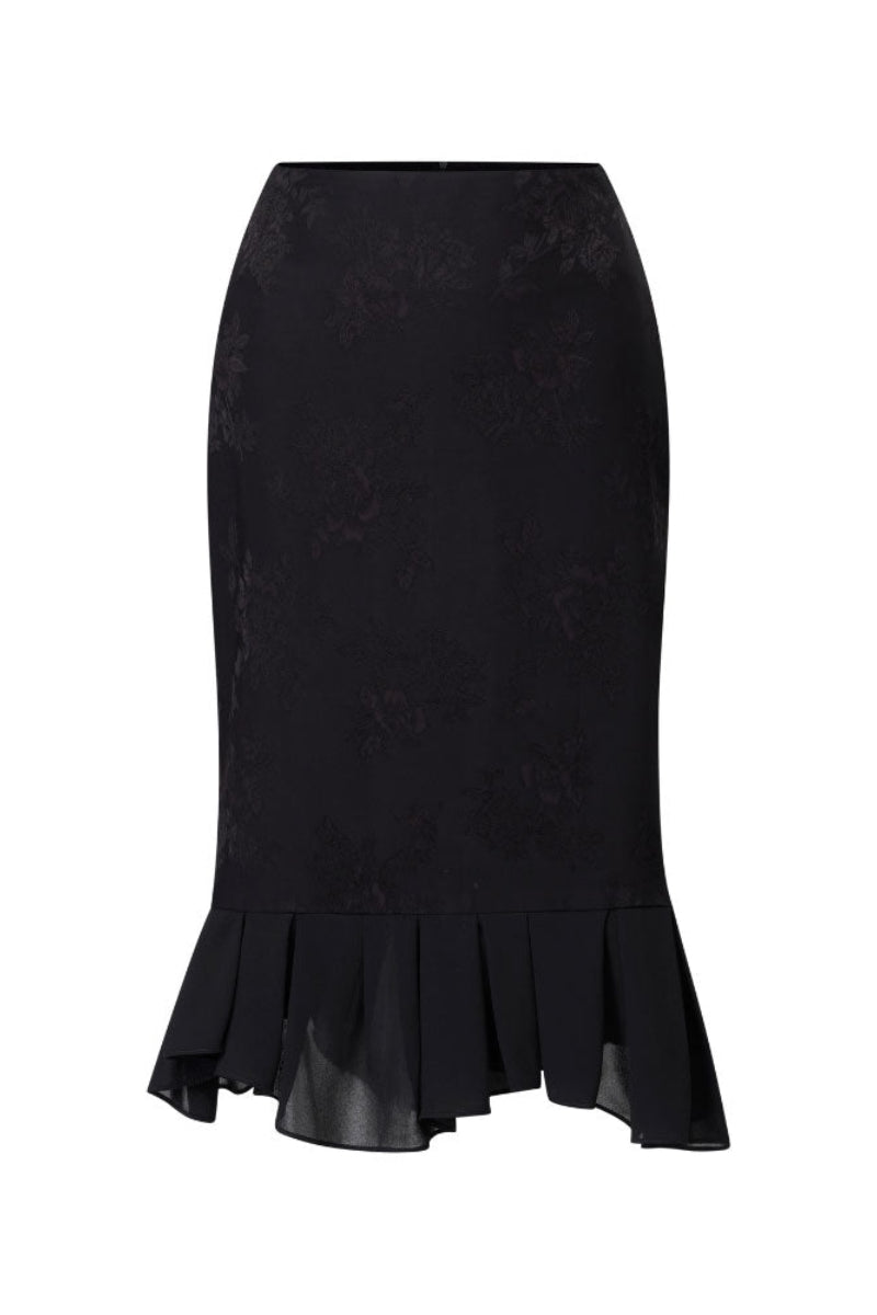 Black Lecia trumpet midi skirt with fitted waist and flared hem, perfect for stylish everyday wear.