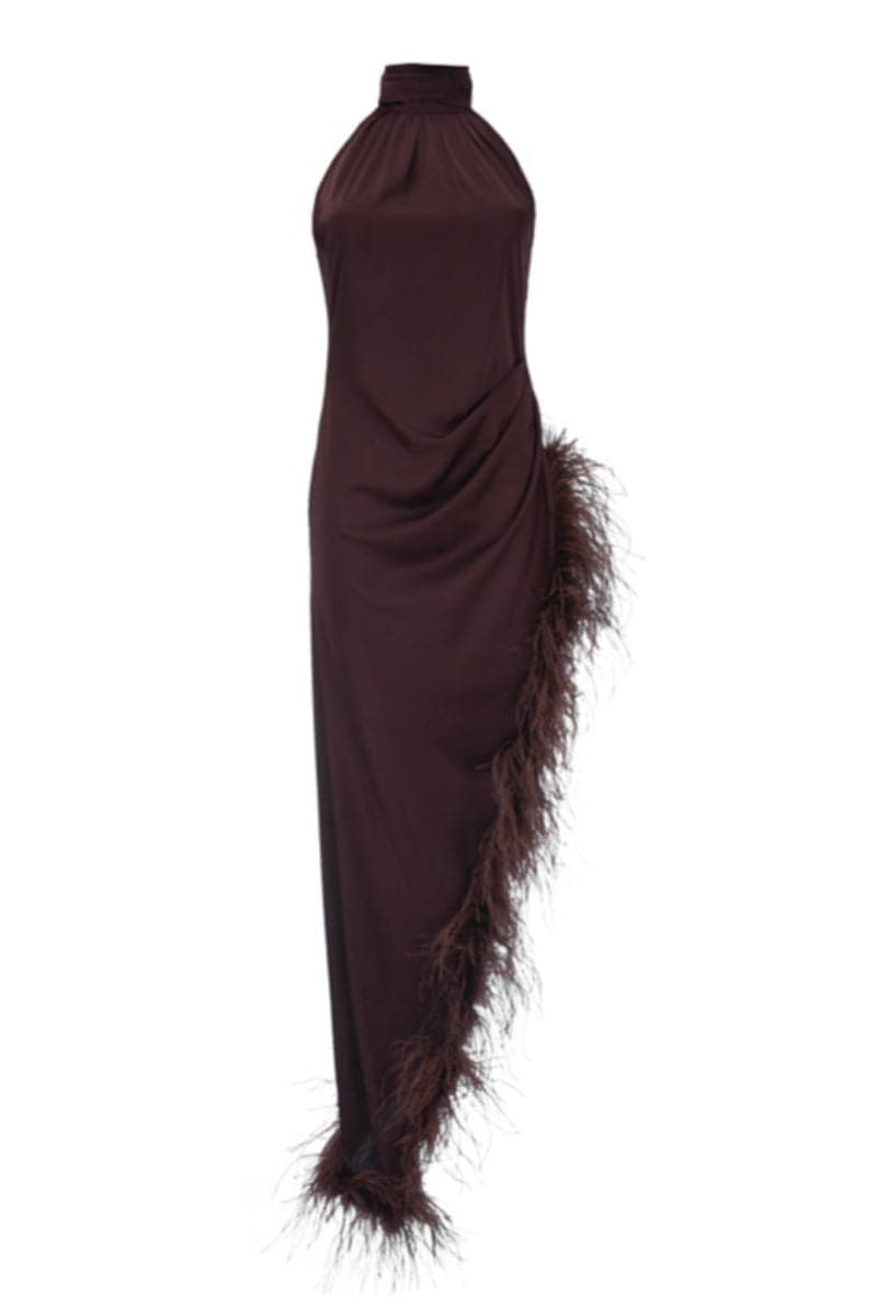BROWN MIDI DRESS WITH BOA - CULT MIA