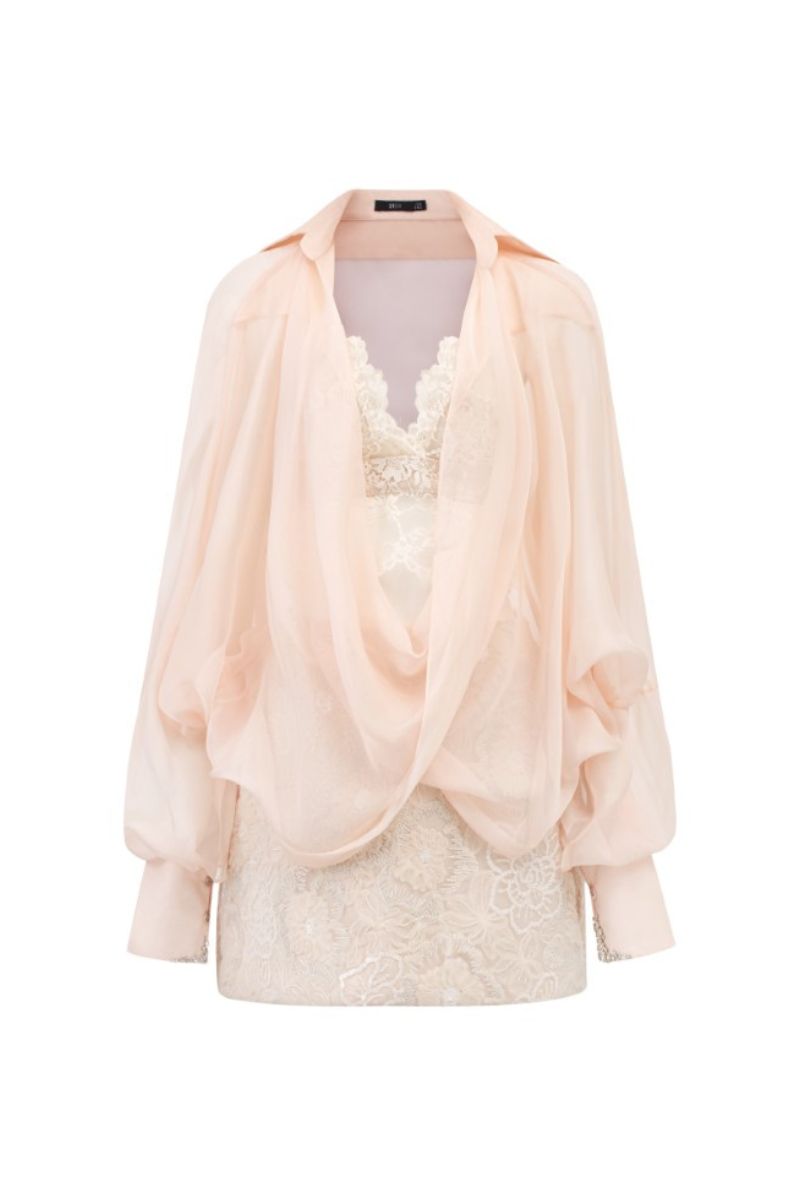 EDANA BEIGE SILK PLEATED TOP AND SKIRT SET - CULT MIA
