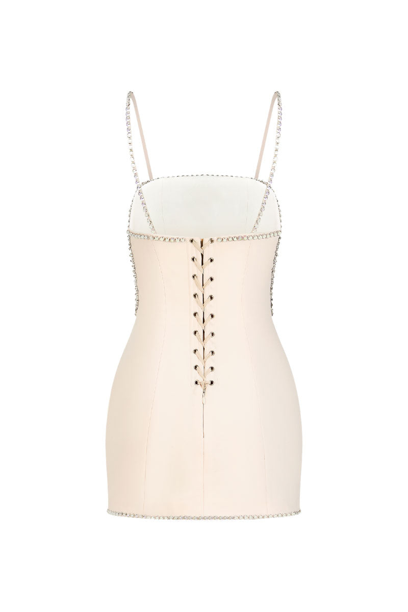 CEM crystal strap mini dress featuring sparkling crystal embellishments and a fitted silhouette, perfect for evening wear.