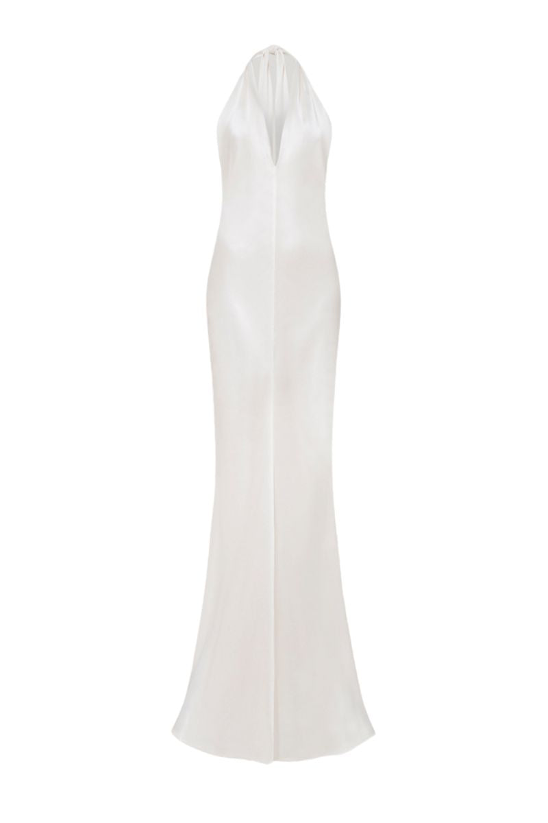 IVORY BRIDE-TO-BE HALTER NECK SILK MAXI DRESS WITH REMOVABLE FEATHERS | CULT MIA