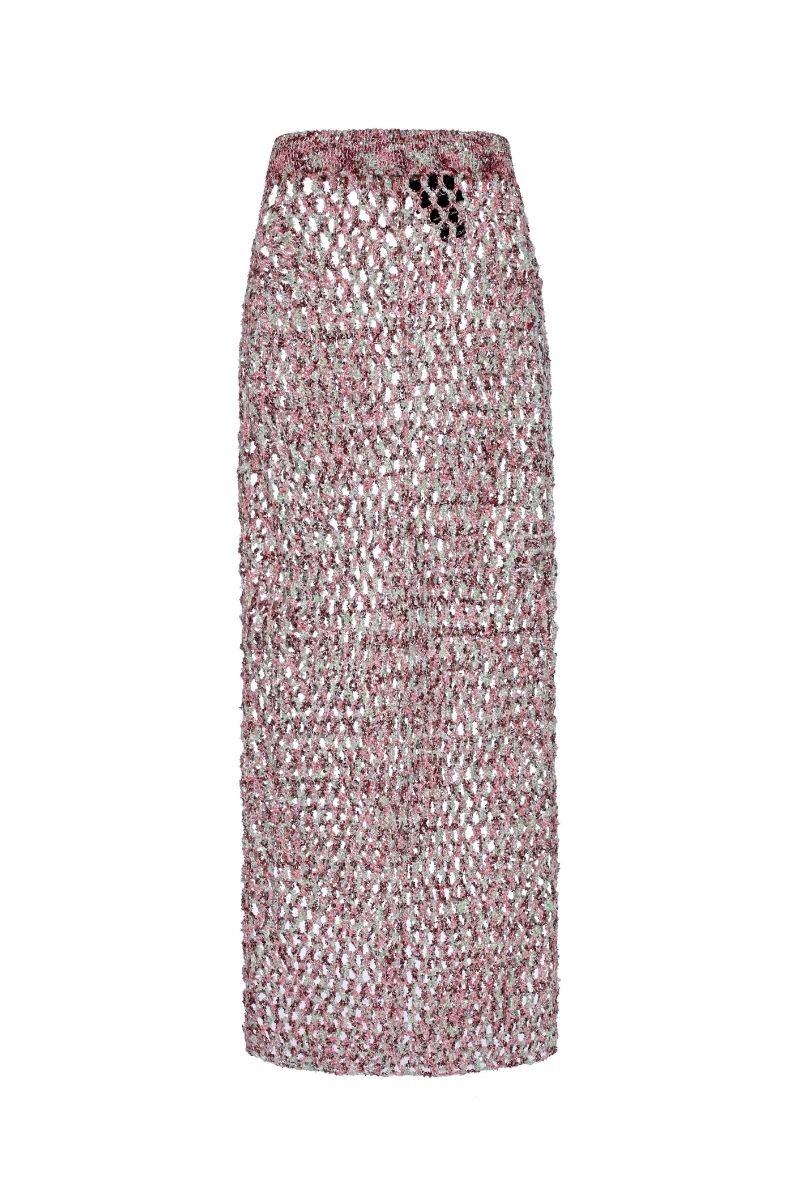 Lalo Sirena maxi skirt in pink, flowing fabric with a high waist and elegant design, displayed on a neutral background.