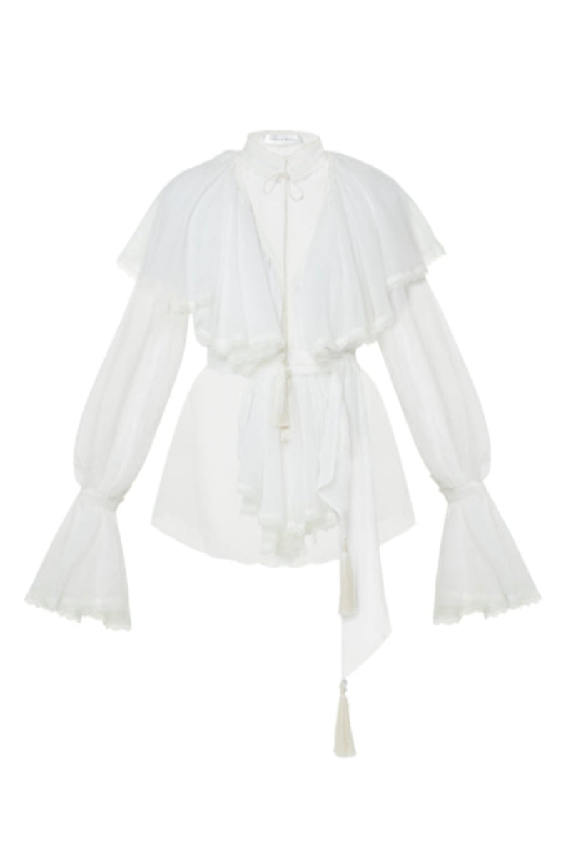 OvertheSea Ocean of the Tenderness white blouse, soft fabric with delicate detailing, shown on a hanger.