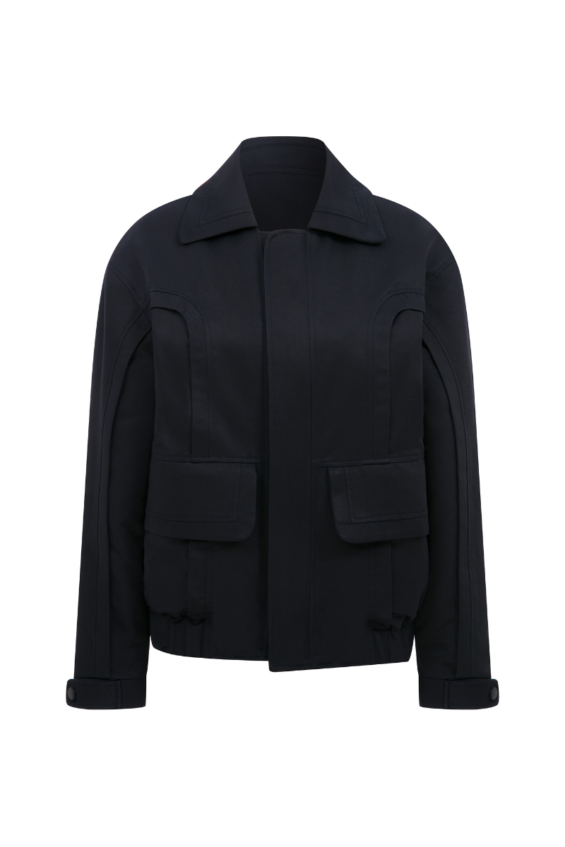 Navy biker jacket by ColoReve featuring a stylish design, front zipper, and fitted silhouette, perfect for casual wear.