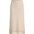 Rebecca Taylor Emelia fringe sweater skirt in alabaster, midi length with textured knit and fringe detailing, displayed on a model.
