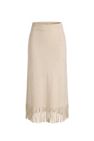 Rebecca Taylor Emelia fringe sweater skirt in alabaster, midi length with textured knit and fringe detailing, displayed on a model.