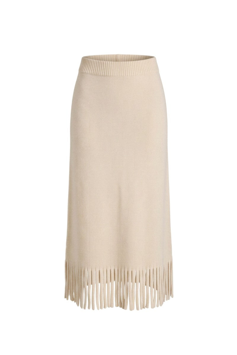 Rebecca Taylor Emelia fringe sweater skirt in alabaster, midi length with textured knit and fringe detailing, displayed on a model.