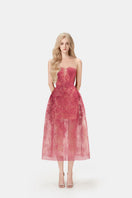Red beaded lace midi dress by Montsand, featuring intricate beadwork and lace fabric, shown on a mannequin.