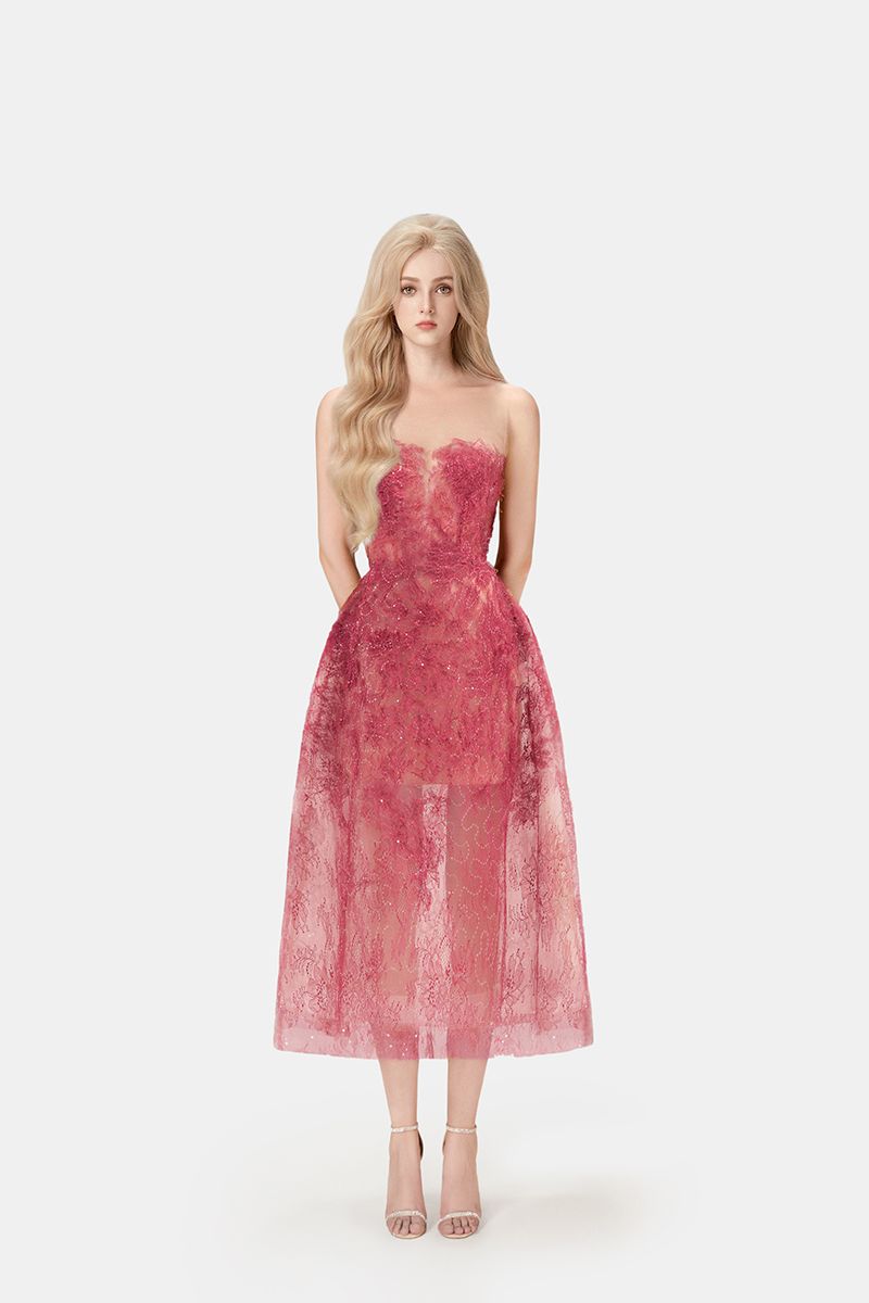 Red beaded lace midi dress by Montsand, featuring intricate beadwork and lace fabric, shown on a mannequin.
