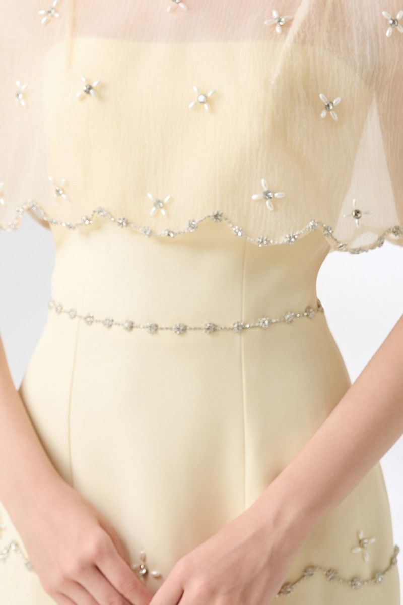 BEIGE SHEATH ROUND NECK MESH TAFFETA DRESS - CULT MIA