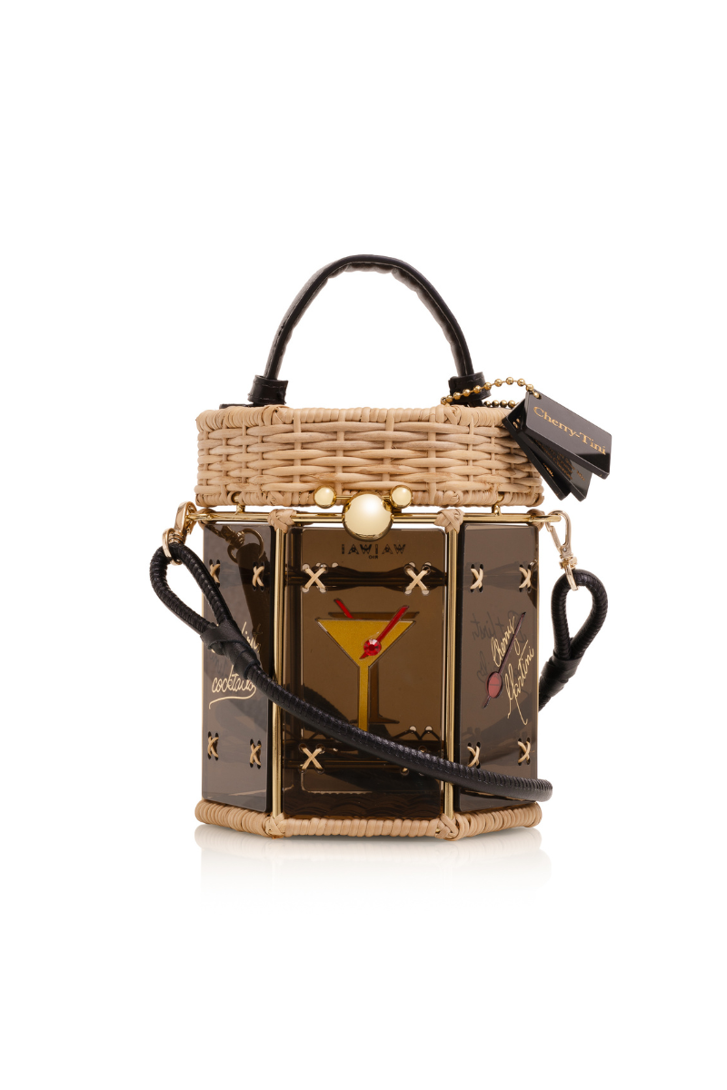 Waiwai Rio Cherry-Tini Bag, a stylish top handle bag with a vibrant cherry design and structured silhouette.