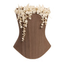 Brown bouquet corset top by Keira Tong, featuring a fitted design with floral print and adjustable straps.