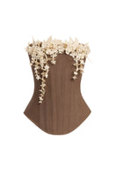 Brown bouquet corset top by Keira Tong, featuring a fitted design with floral print and adjustable straps.