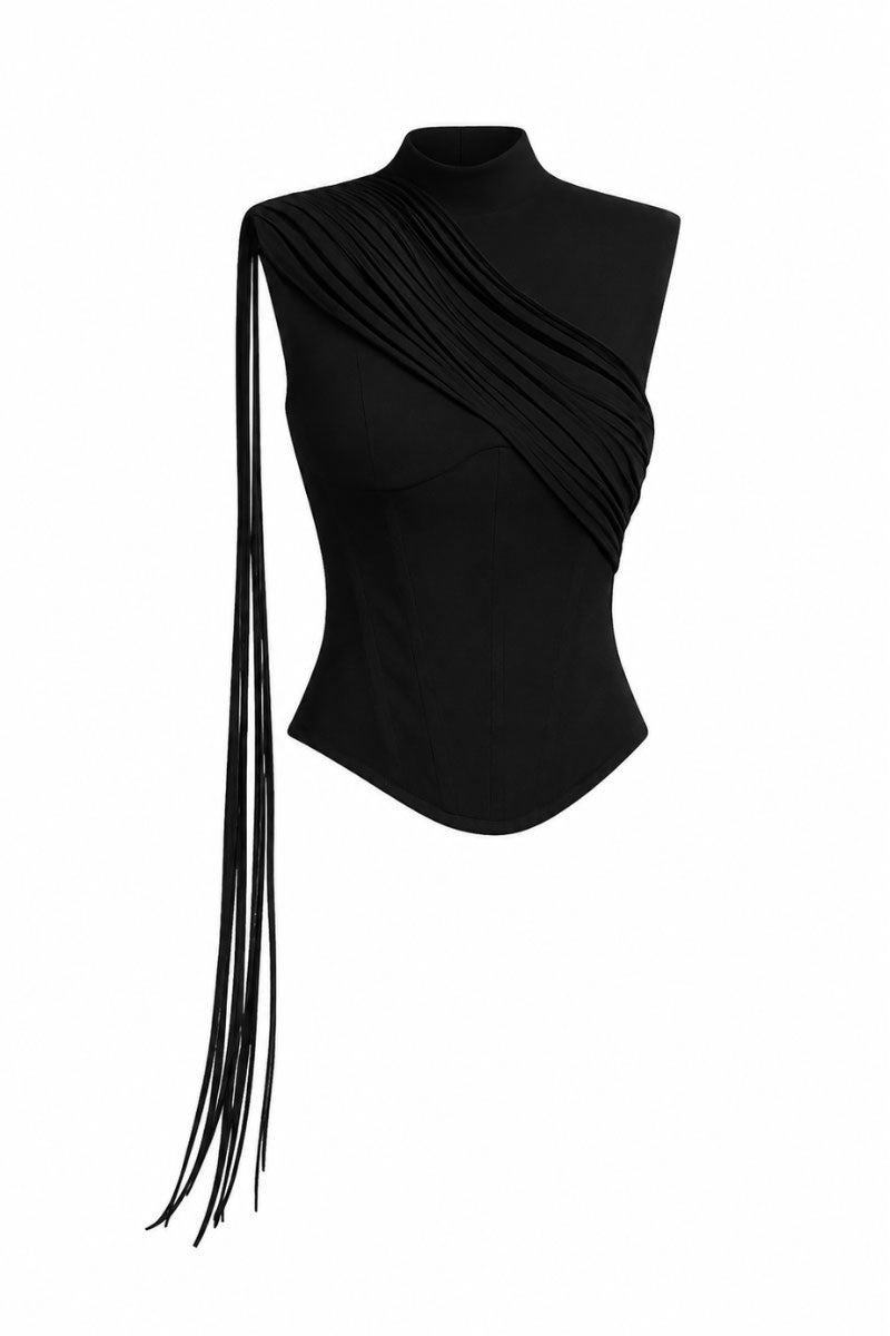 KEIRA TONG fringe corset top with detailed fringe accents, tailored fit, and structured design, perfect for stylish tops.