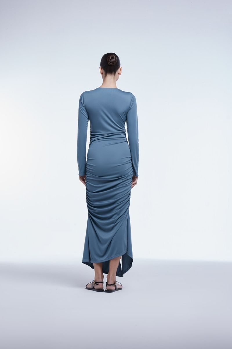 RUCHED ASYMMETRIC MIDI DRESS - CULT MIA